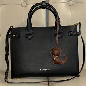 Burberry Banner Black Leather Canvas House Check Satchel Top Handle Bag